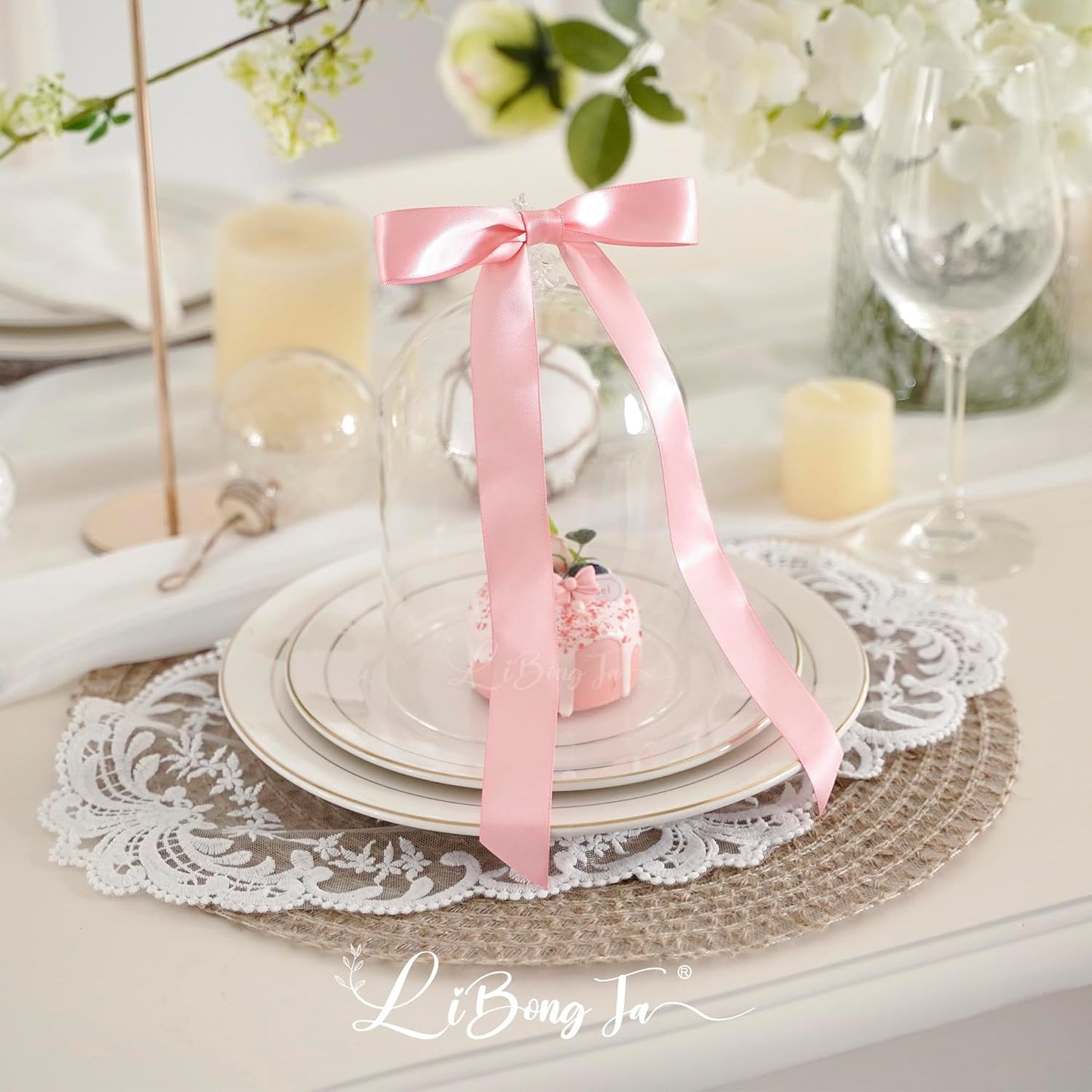 50 PCs Pink Bow Decor 5.5'' Satin Bows with Long Tail, Twist Tie Bows for Craft, Packaging Ribbon Bows, Premade Bows for Cake Decorating, Gift Bows for Treat, Wedding Favor, Party