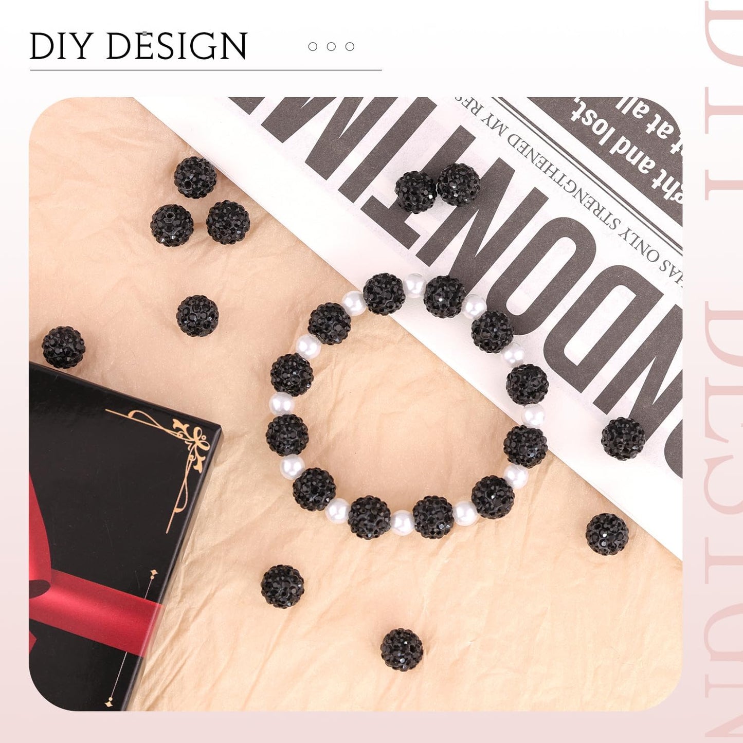 100 pcs 10mm Rhinestone Beads for Jewelry Making, Black Shiny Round Shamballa Disco Beads Bulk, Sparkle Crystal Clay Christmas for Bracelet Baseball Necklace Earring Crafting and DIY