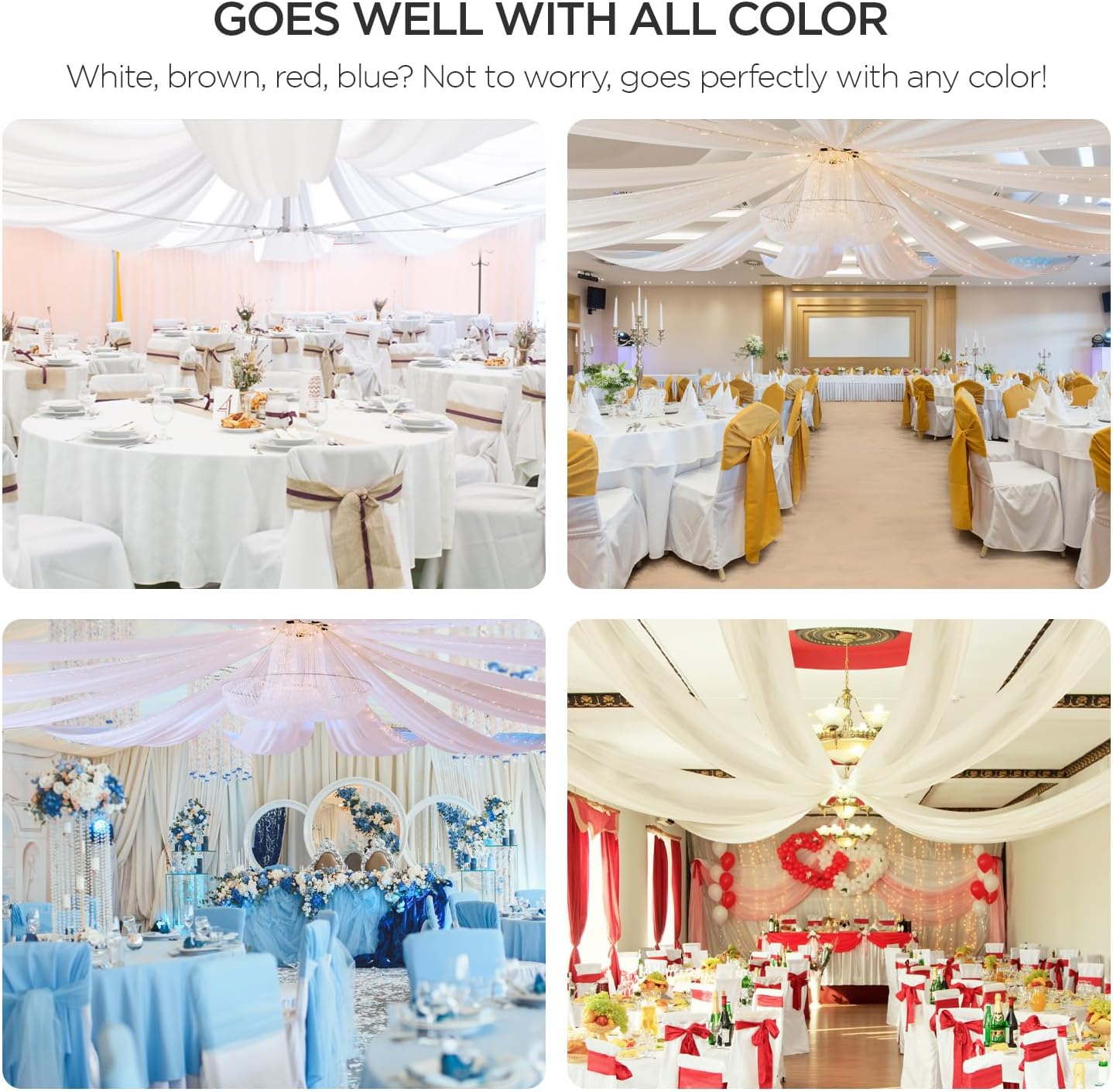 boldworks Ceiling Drapes Hanging Kit for Weddings Tent Bedroom Draping Parties Decoration White Fabric Includes Hoop Ring Set 5ft x 10ft Pack of 6