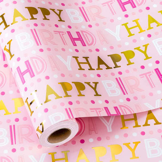 Yarcony Girl Birthday Wrapping Paper, Pink and Gold Wrapping Paper, Gold Foil Girly Happy Birthday Lettering Design Pink Gift Wrap for Girls Women, Baby Shower, Party (Mini Roll, 17 Inch X 16.5 Feet)