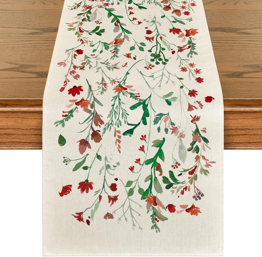 Artoid Mode Floral Leaves Christmas Table Runner, Wild Flowers and Grasses Winter Kitchen Dining Table Decoration for Home Party Decor 13x90 Inch