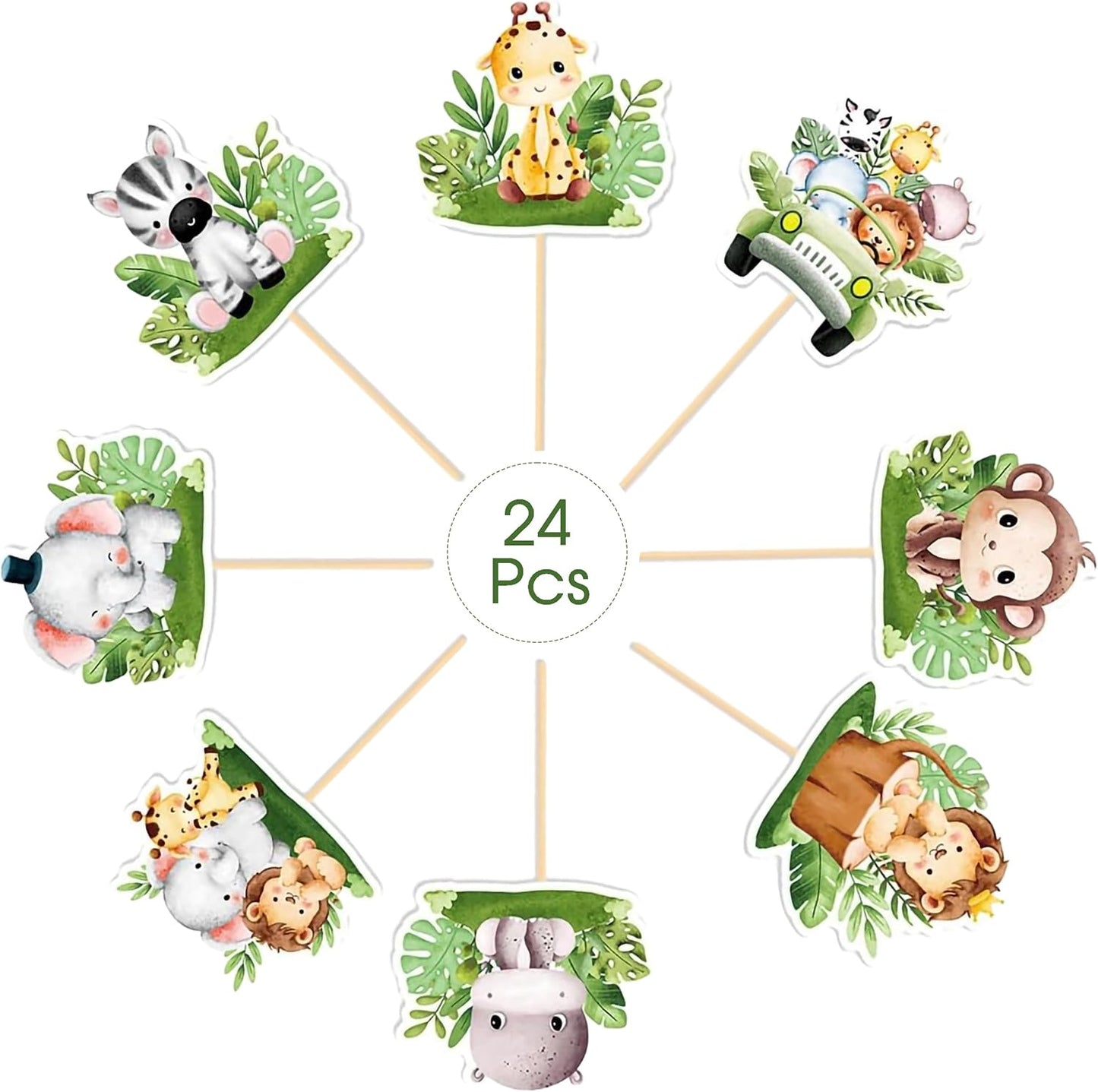 Safari Animal Cupcake Toppers – 24-Pack Jungle Safari Cake & Cupcake Picks with Lion, Elephant, Giraffe, Zebra & Monkey Designs, Party Dessert Decorations for Baby Showers & Birthdays