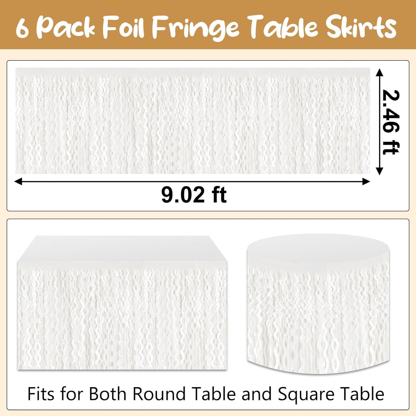 6 Pack 29 x108 Inch Macaron White Wave Foil Fringe Table Skirts Metallic Banner for Tinsel Streamer Garland Backdrop for Parade Floats, Mother's Day, Easter, Wedding, Birthday Party Decoration