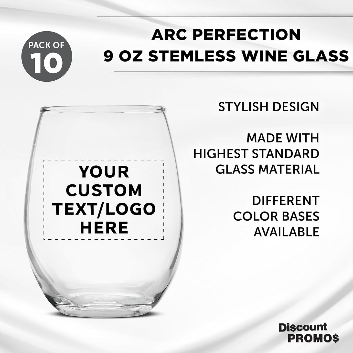 Custom Stemless Wine Glass 9 oz. Set of 10, Personalized Bulk Pack - Great for Wedding Favors, Bachelorette Party Decorations, Party Favors, Color Bottom - Clear