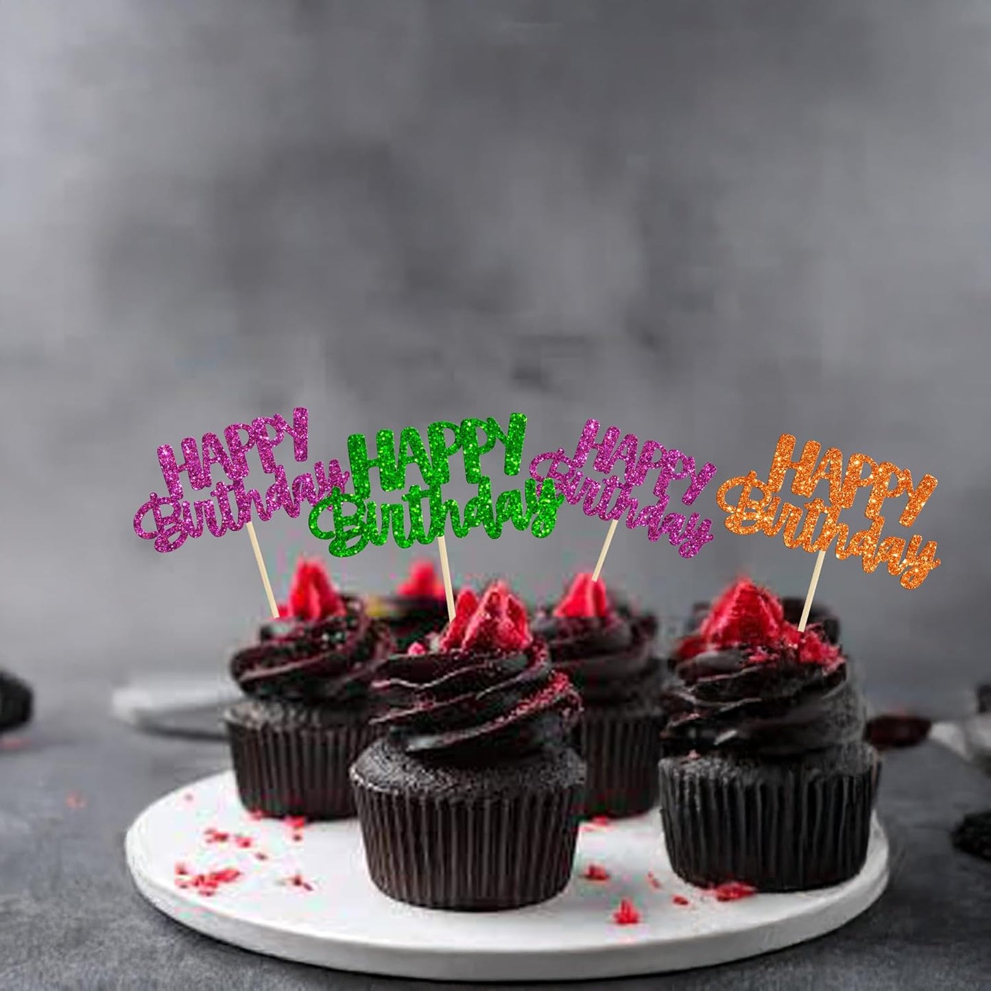 Gyufise 24Pcs Happy Birthday Cupcake Toppers Glitter Birthday Cupcake Food Picks for Celebrating Happy Halloween Theme Party Cake Decorations Supplies Orange Green Purple