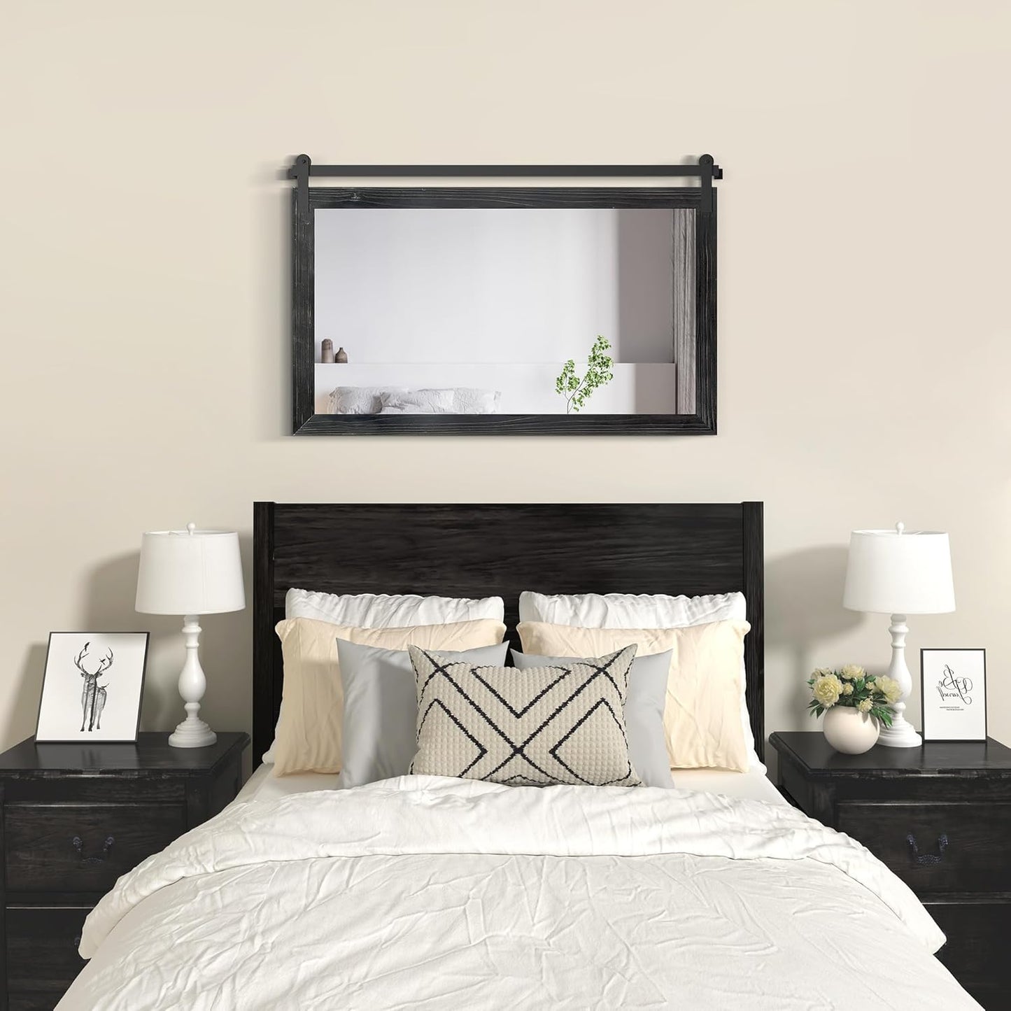 COGOOD Farmhouse Bathroom Mirror - 49 x 30 Rustic Wood Framed Wall Barn Door Mirror for Entryway, Living Room, Entryway Wall Decor (Black)