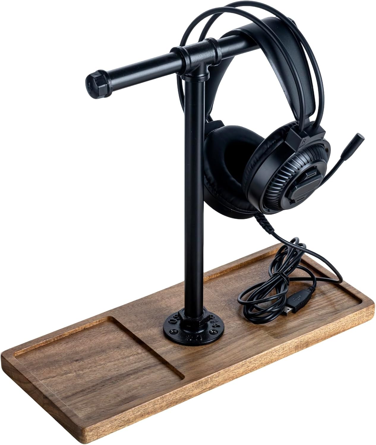 FARM IN Solid Acacia Wood Headphone Stand for Desk Industrial Headset Holder with Storage Base for Gaming and Office Accessories