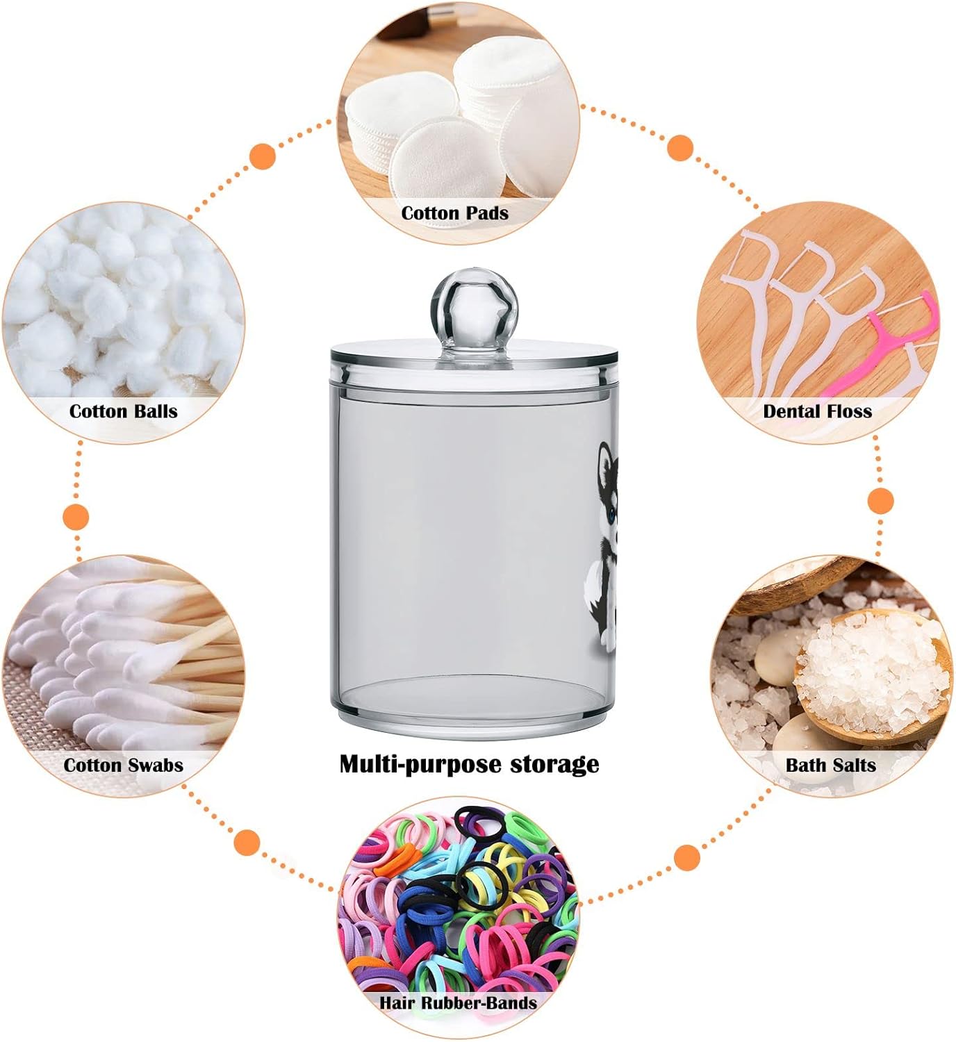 2 Pack Qtip Dispenser Apothecary Jars Dog Bathroom Organizer, Siberian Husky Puppy Qtip Holder Storage Canister Plastic Acrylic Jar for Cotton Ball/Swab/Rounds