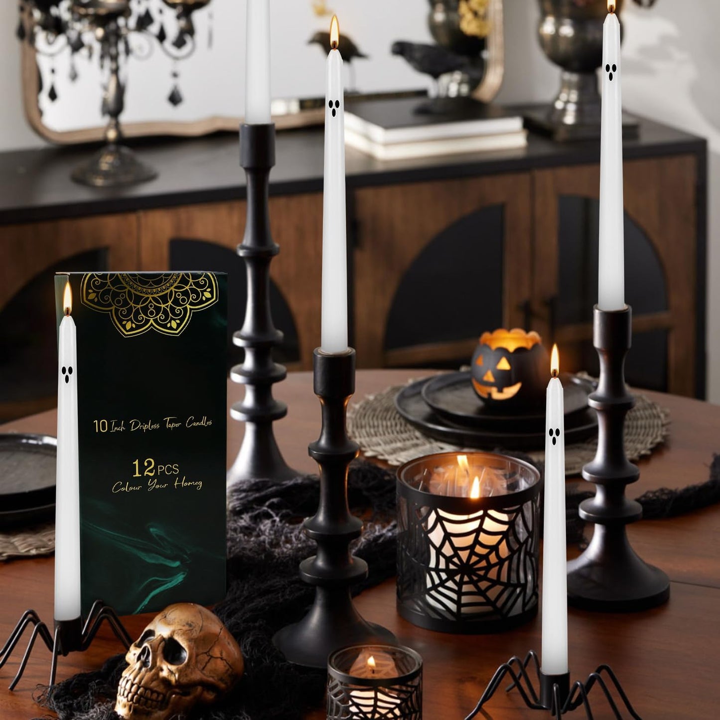 12 Pack Halloween Taper Candles - 10 Inch White Ghost Face Smokeless Candles, Long-Lasting 7+ Hour Burn, Premium Wax for Spooky Decor & Parties