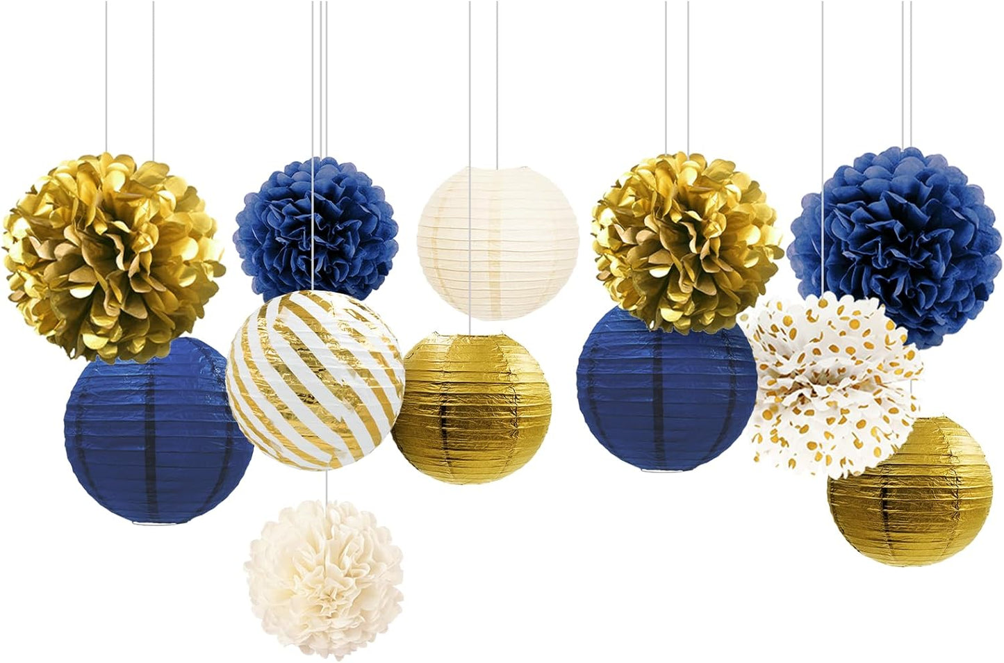 NICROLANDEE Navy Blue and Gold Decorations, 12PCS Hanging Paper Lanterns Tissue Pom Poms Decor for Graduation Party, Winter Wedding, Mens Birthday, Memorial Day Decorations, New Years Party Supplies