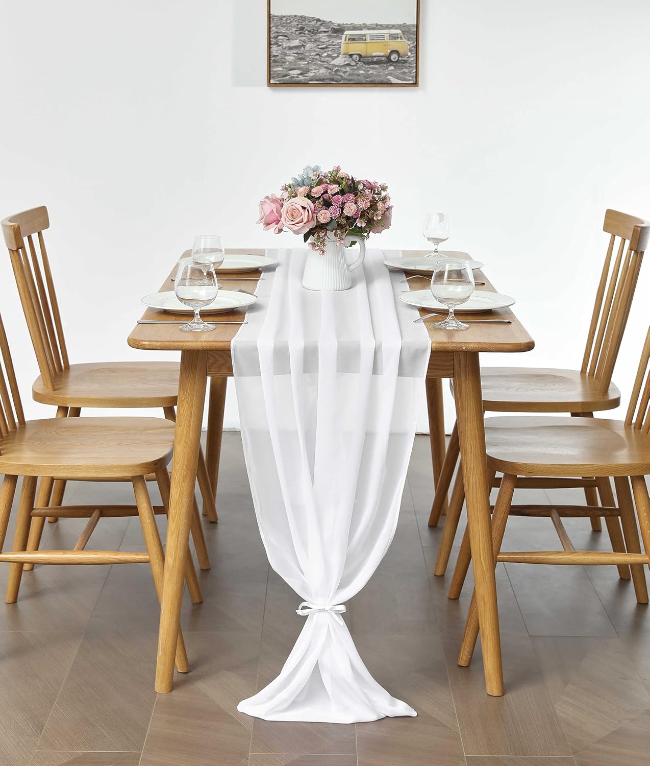 5 Pack 10Ft White Chiffon Table Runner Sheer 29x120 Inch for Romantic Wedding Decor Bridal & Baby Shower Birthday Rustic Party Decoration