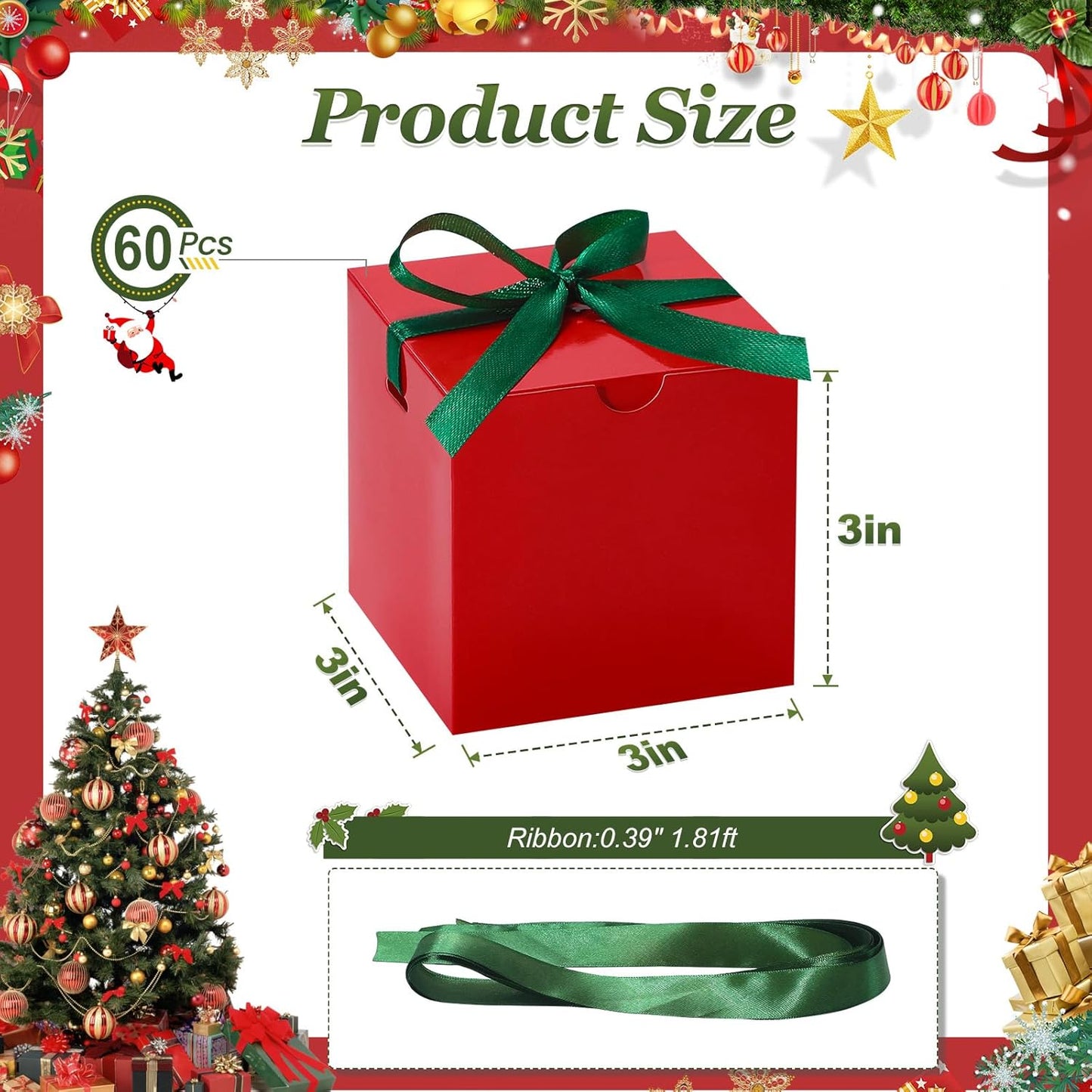 DOYIDE 60 Pcs Small Gift Boxes, 3x3x3 inches Kraft Paper Gift Box with Ribbons, Red Candy Boxes for Christmas Wedding Favors Baby Shower Bridal Shower Birthday Party