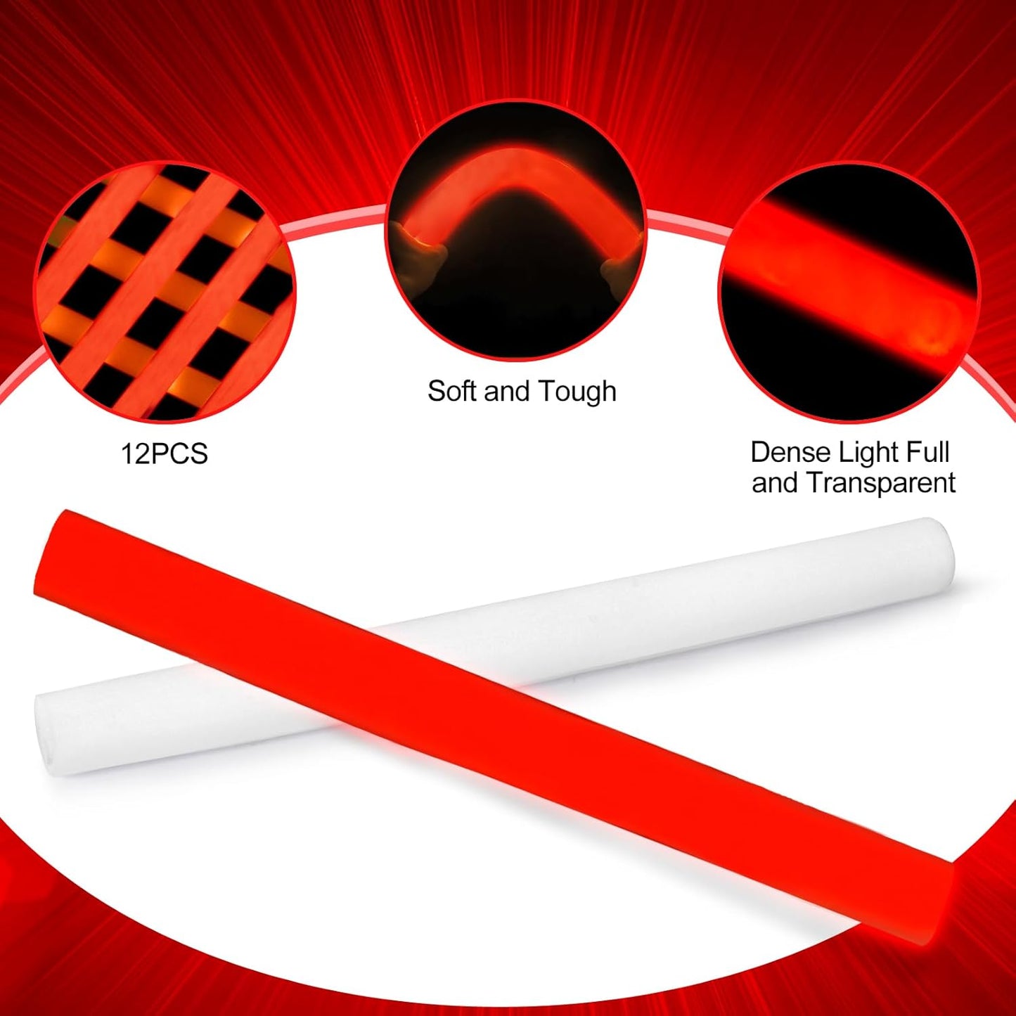 Glow Foam Sticks Bulk, 24 Pcs Red Giant LED Light Up Sticks 3 Modes Flashing Glowing Baton Wands Party Supplies for Wedding, Raves,Concert,Birthday,Christmas, Halloween,Sporting Events