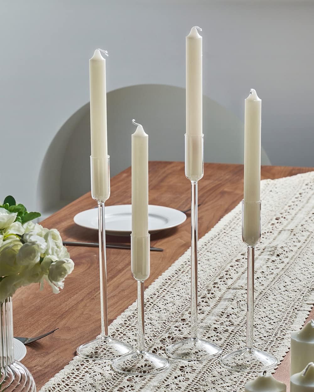 Candle Holder, Glass Taper Candle Tall Candlestick Holder, 4 Different Heights, for Table Centerpiece, Wedding, Party, Clear, 4pcs