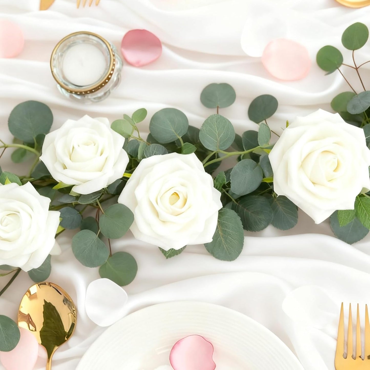 6FT Artificial Eucalyptus Garland with 14 Fake White Rose Flowers - Floral Greenery Decoration Vine for Wedding Centerpieces, Table Runner, Backdrop, Arch Wall Decor,Indoor/Outdoor (2 PCS)