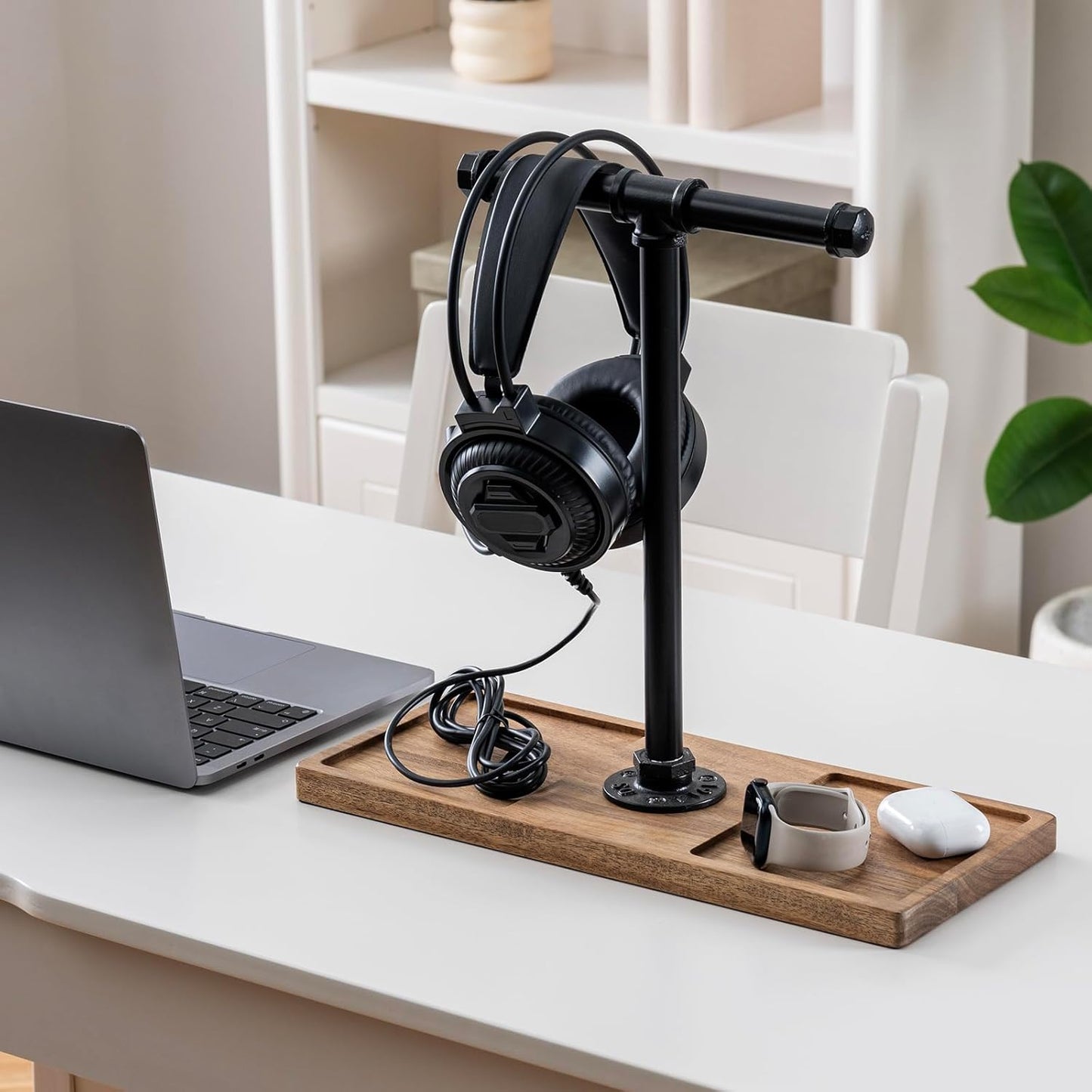 FARM IN Solid Acacia Wood Headphone Stand for Desk Industrial Headset Holder with Storage Base for Gaming and Office Accessories