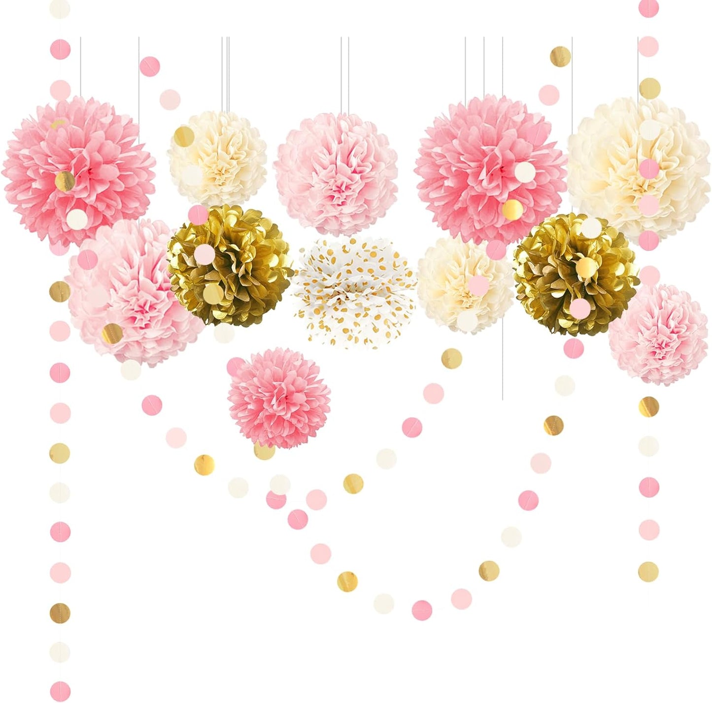 AOBKIAT Wedding Baby Shower Decorations Set,15PCS Pink Gold Tissue Paper Pom Poms,Circle Dots Colorful Paper Garland String Hanging Backdrop for Birthday Party,Gender Reveal Celebration Decor