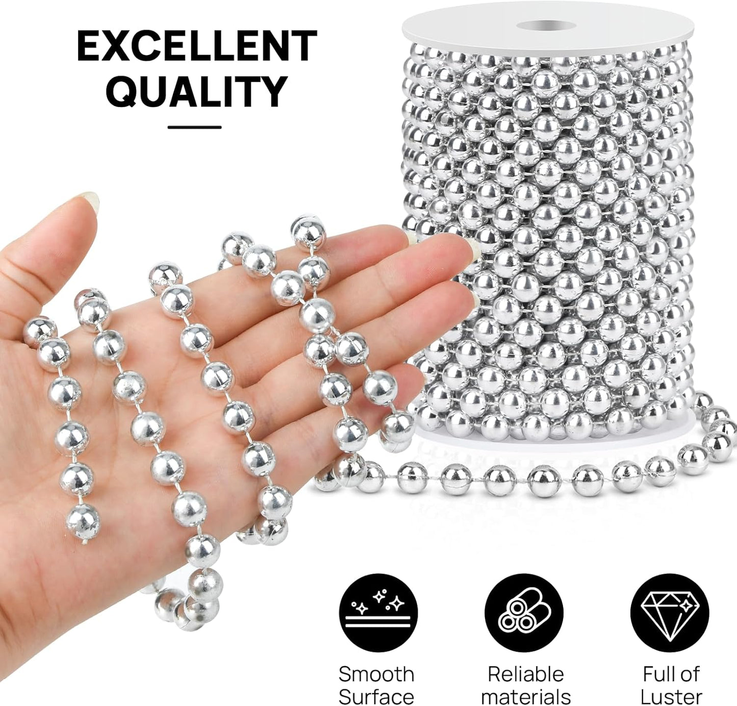 Craft String Pearls 10MM Pearl Bead, 33 Feet Silver Faux Pearl Garland Spool Roll Strand Wedding Party Decoration, Christmas Tree Decorations
