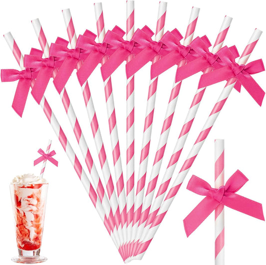 50 Pcs Rose Red Paper Straws for Drinking, Bow Disposable Striped Paper Straws Bulk Rose Red Theme Birthday Party Supplies for Wedding Cake Decorations Bachelorette Baby Shower