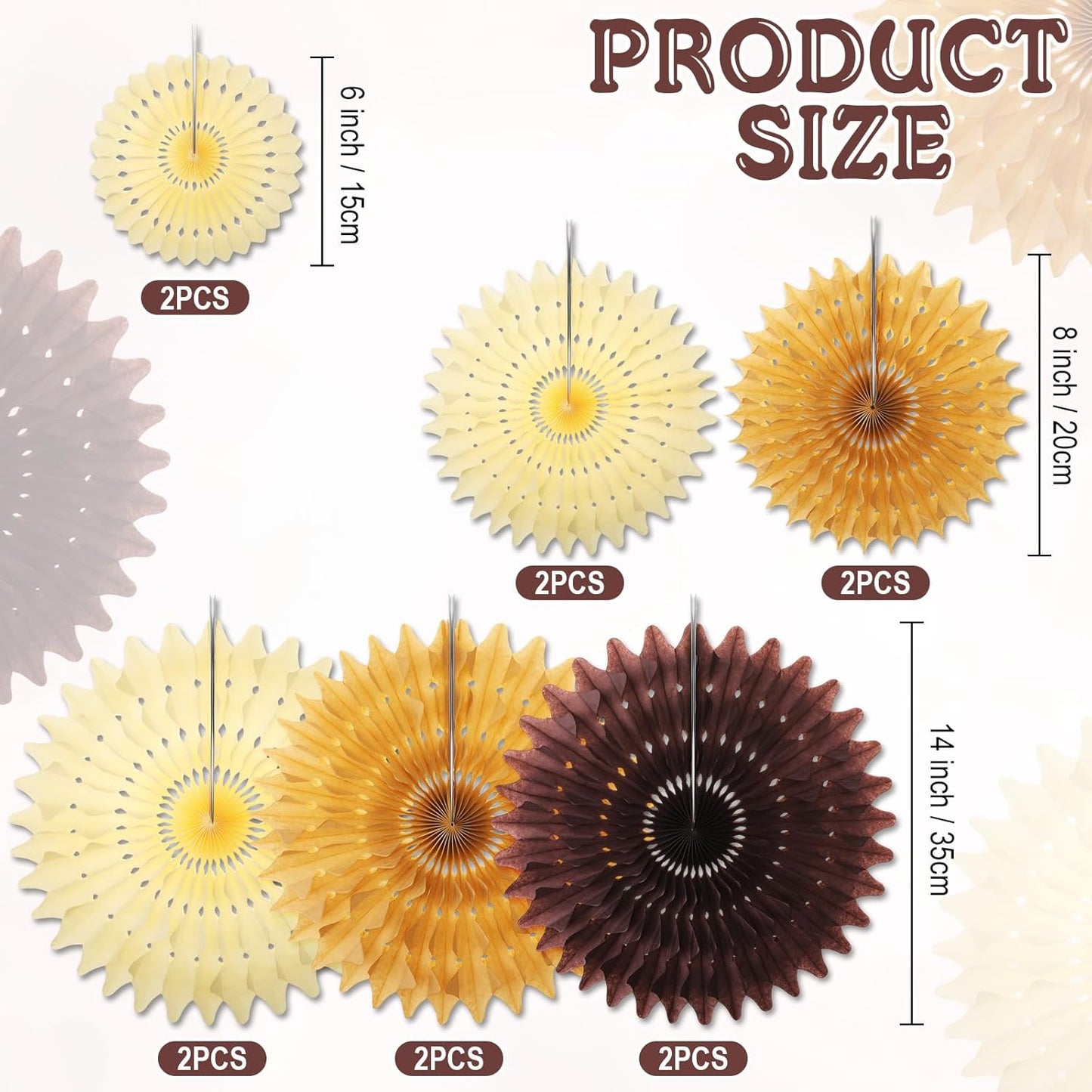 Outus 12 Pcs Hanging Honeycomb Paper Fans Sets, Fiesta Brown and Beige Party Decorations, Tissue Paper Flowers Supplies for Birthday Wall Classroom Wedding Bridal Photo Backdrop (14/8/6 Inch)