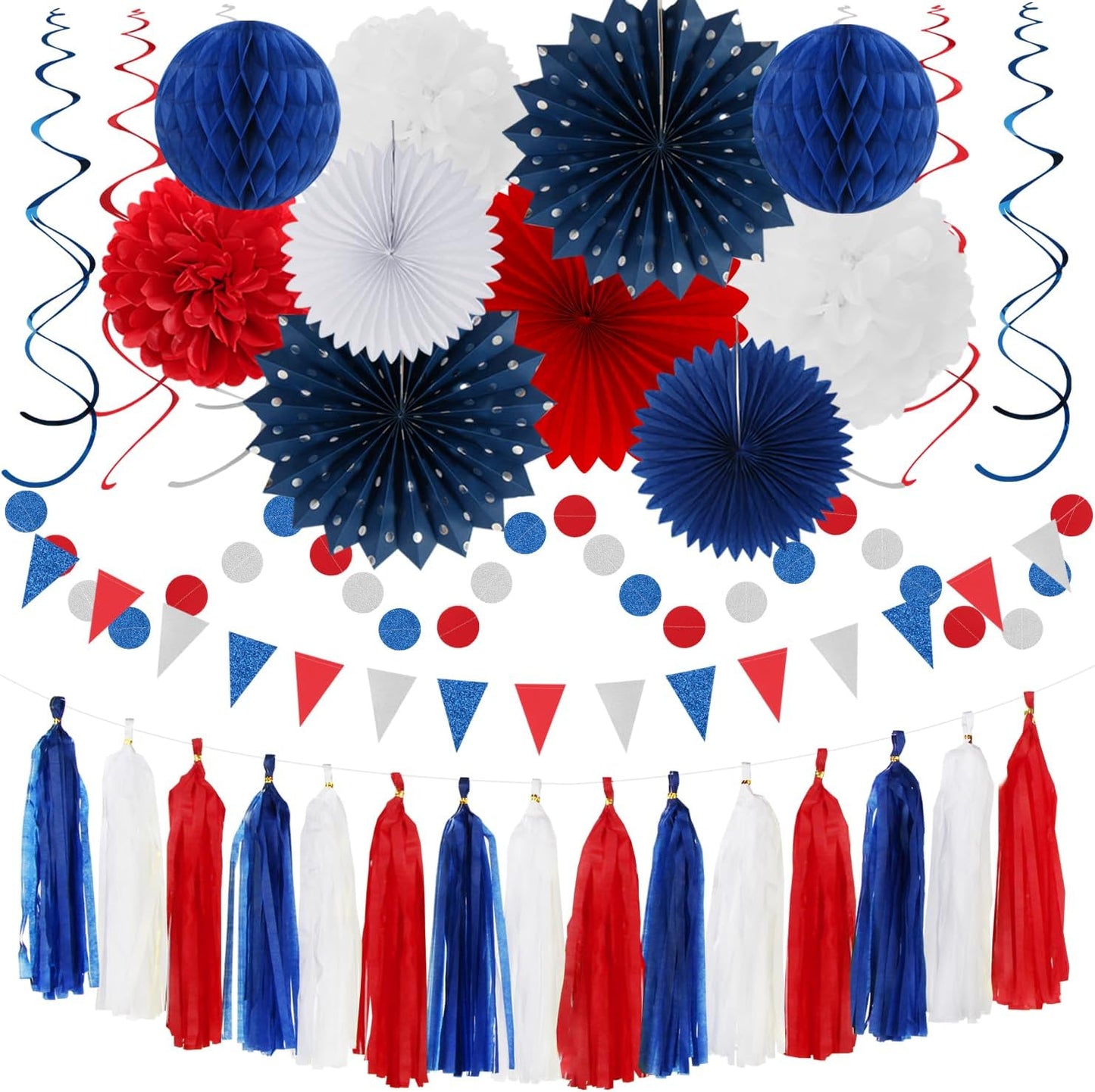 Fourth-4th of July Memorial-Day Party-Decorations - 31pcs Red-Blue White-Silver Patriotic Banner,Streamers Garland,Tissue Pom Poms Honeycomb,Paper Lantern Fan,Independence Graduation Decor Hugtmr