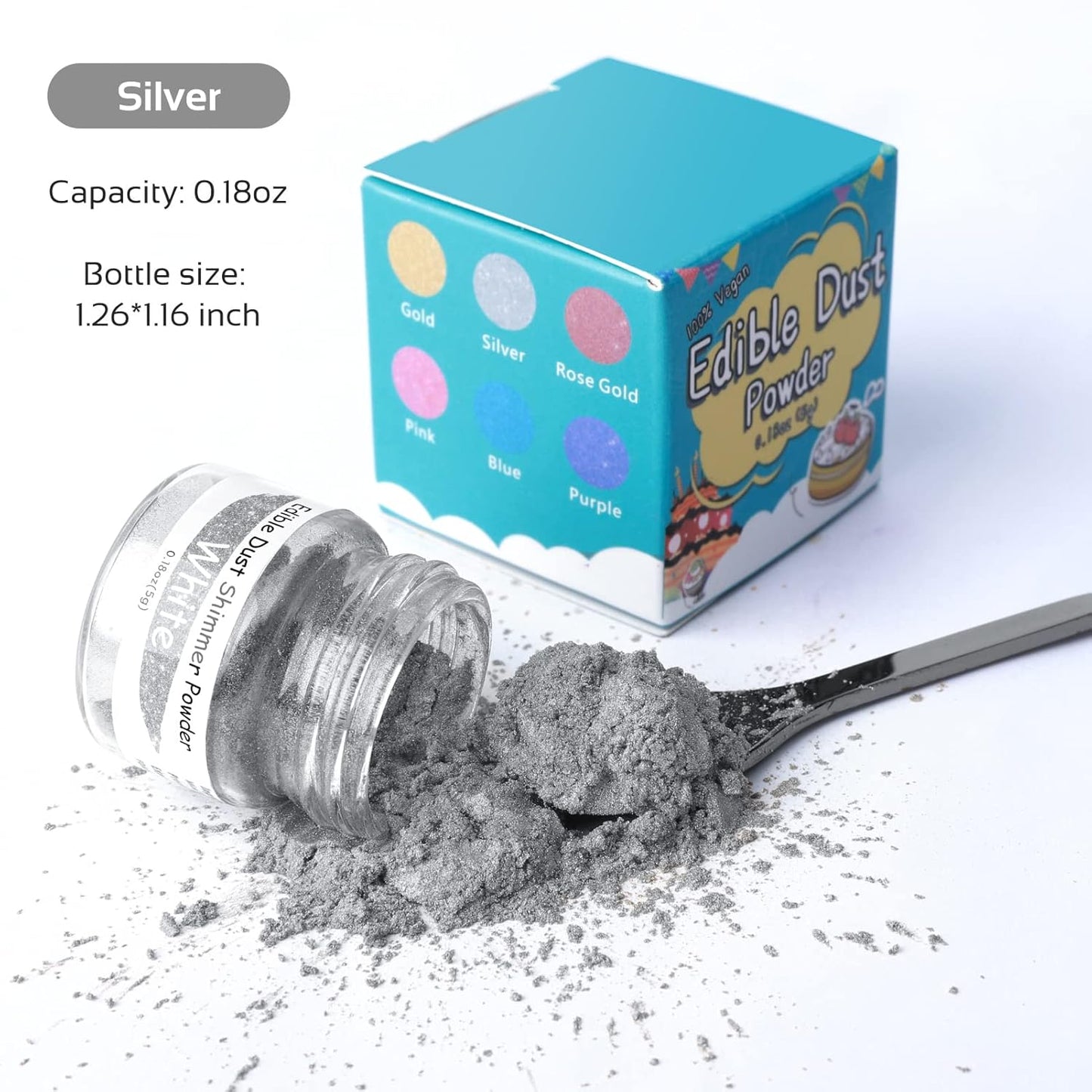 Jelife Silver Edible Luster Dust - 5 Grams Food Grade Cake Dust Shimmer Powdered, Edible Metallic Powder Food Coloring for Cake Decorating, Chocolates, Fondant, Drinks, Painting & More, Vegan
