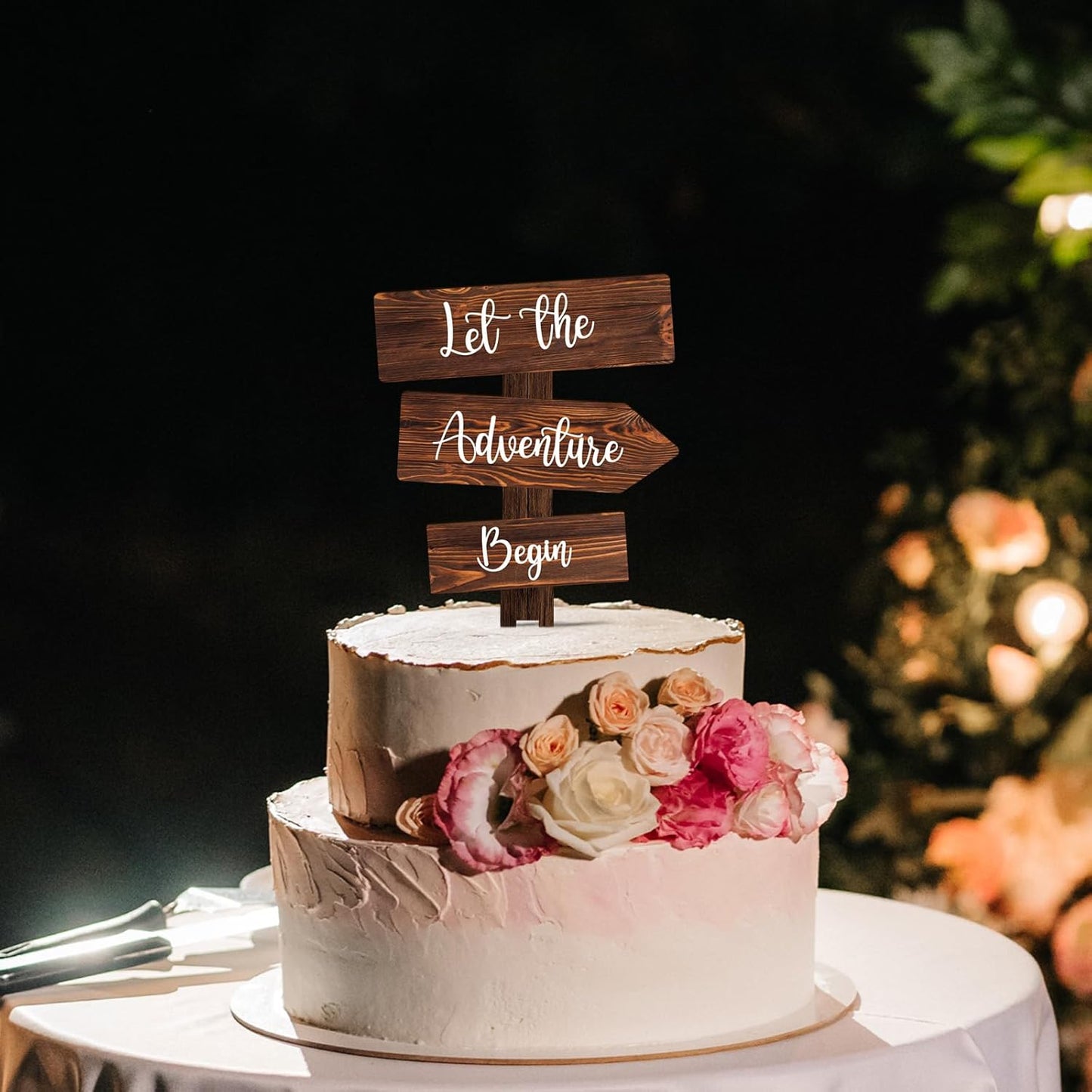 Let the Adventure Begin Cake Topper in Wood Rustic Cake Decoration for Wedding & Baby Shower