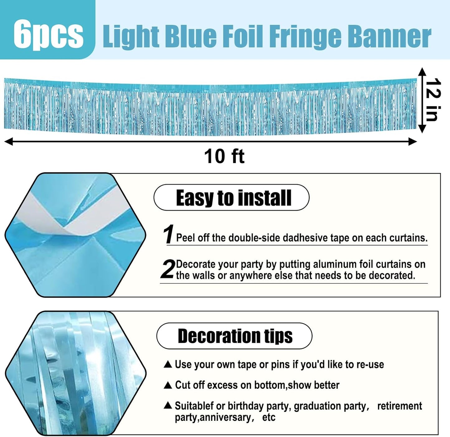 6 Pack 10 Feet Light Blue Foil Fringe Garland Metallic Tinsel Streamers Banner Wall Hanging Curtain Backdrop for Parade Floats, Birthday, Graduate, Mother's Day, Wedding Party Decoration