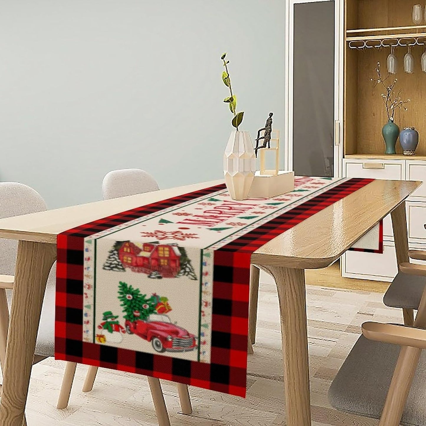 Merry Christmas Table Runner,Winter Xmas Holiday Table Cloth Kitchen Dining Table Decoration for Home Party Decor 13x90 Inch