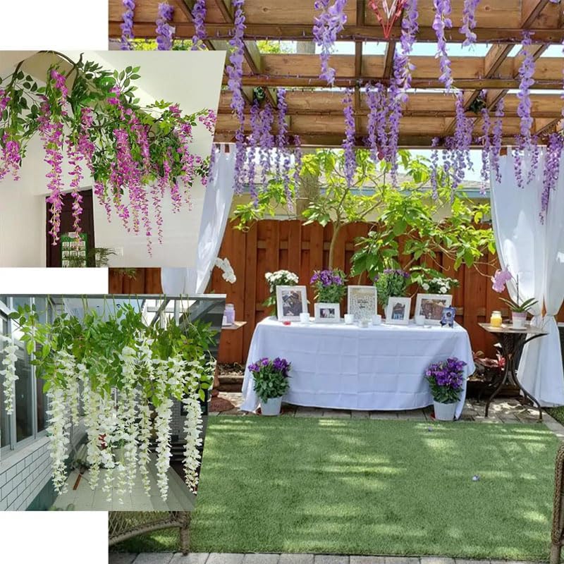 24 Pack Purple Wisteria Hanging Flowers Garland, 3.77 Feet Artificial Flower Vines, Fake Wisteria, Artificial Vines Hanging Garland for Backdrop Outdoor Yard Garden Decor