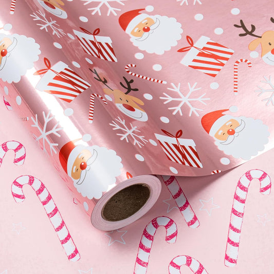 LeZakaa Christmas Pink Wrapping Paper Jumbo Roll, Santa Claus & Candy Cane, Metallic Foil, Rose Gold Foil Reversible Design for Festive Winter Holiday, Family Gathering, 30 inches x 32.8 Feet