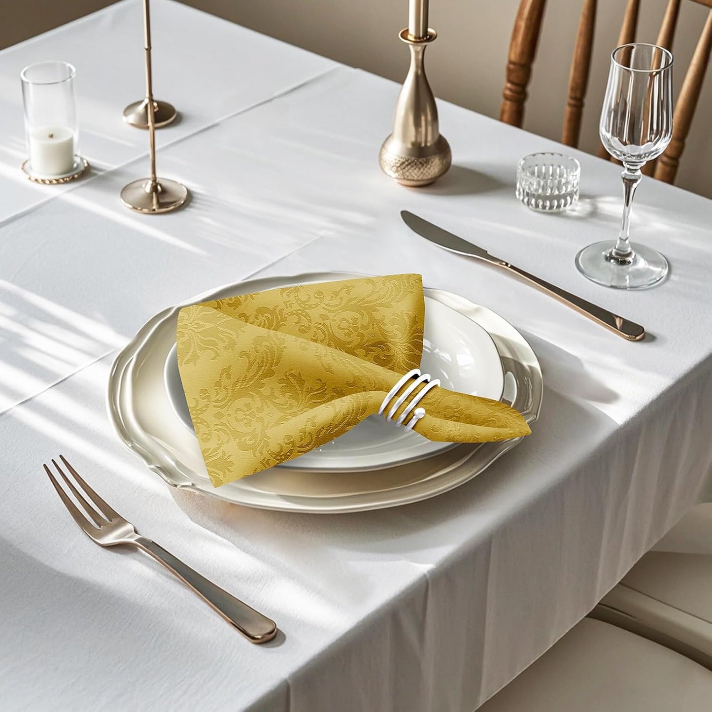 SASTYBALE Jacquard Square Napkin, Damask Wrinkle Resistant Soft Polyester Napkins, Fall Fabric Cloth Napkins for Wedding, Spring, Party, Dinners, Set of 4 (Gold, 20X20 inch Napkin)