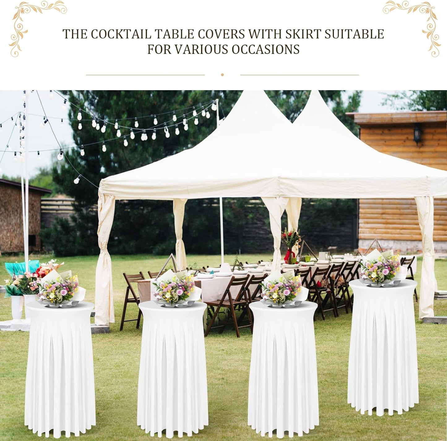 Cocktail Table Covers - 2 Pack 24"x 43" White Cocktail Table Tablecloth with Natural Wavy Round Skirt for Bar Wedding Party Banquet