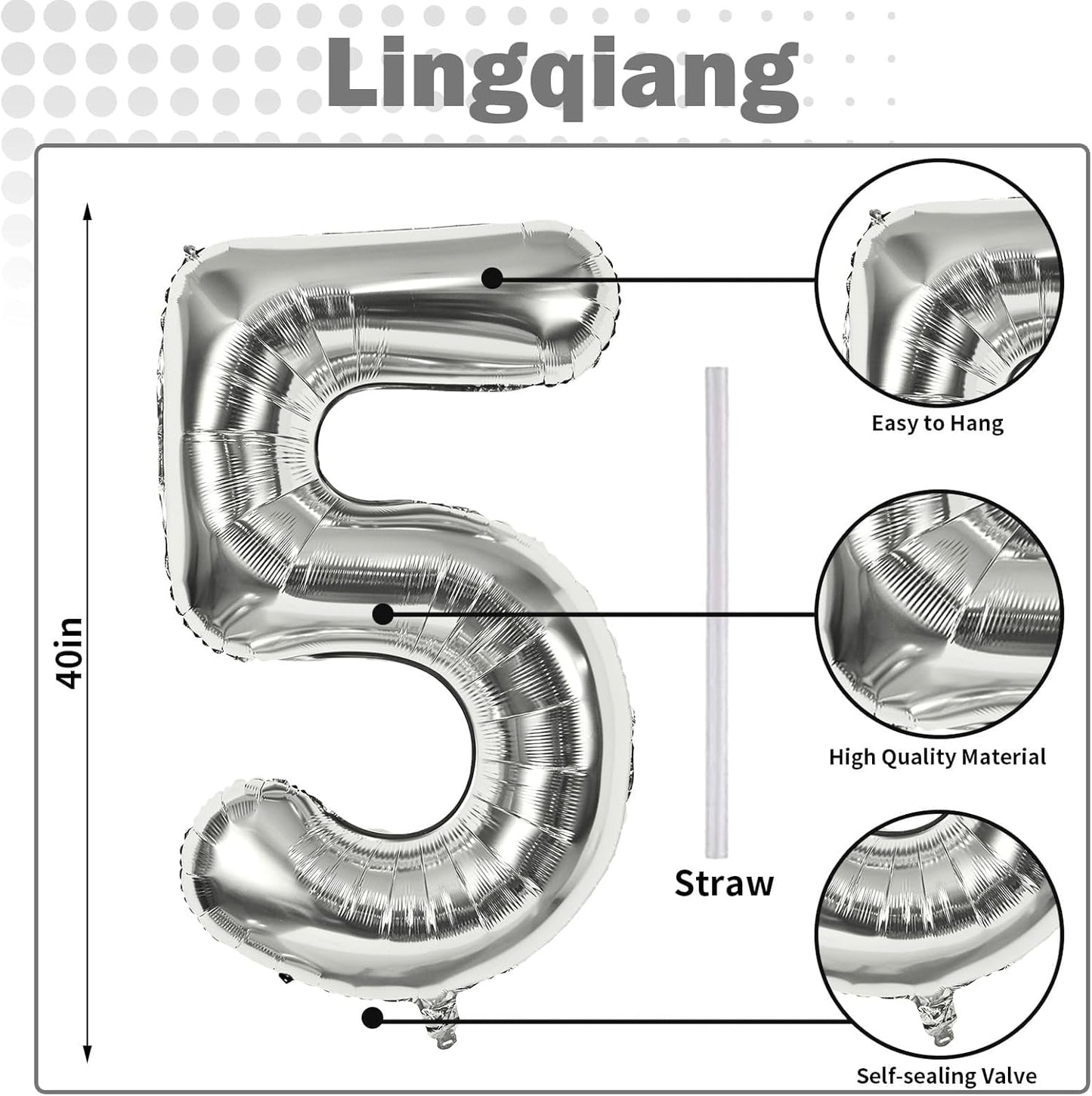 40 Inch Silver Large Numbers Balloons 5, Self Inflating Digit 5 Helium Balloons for 5th Girls Boys, Foil Mylar Big Number Balloon Set 0-9 for Women Men Birthday Party Anniversary Supplies Decorations