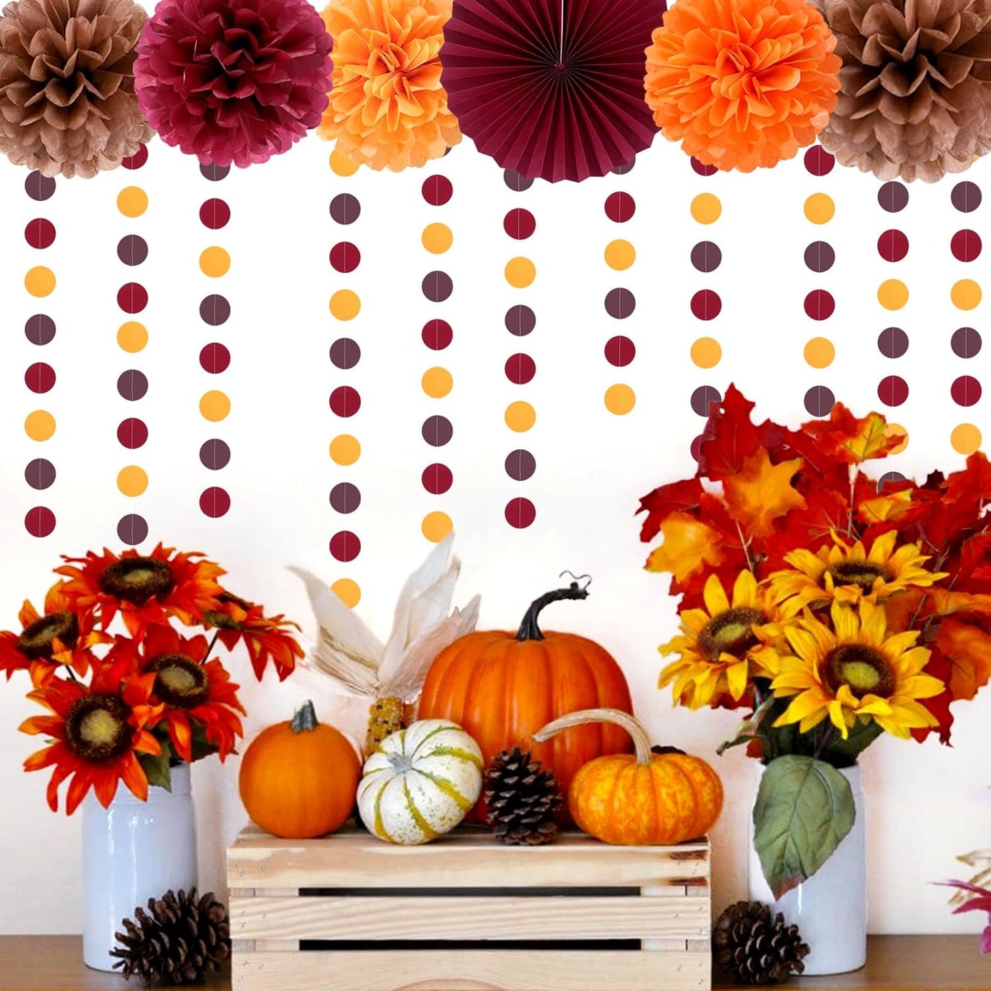 Boho Baby-Shower Burgundy Brown-Orange Party-Decorations - 33pcs Banner,Fall Autumn Streamers Tassel Garland,Tissue Pom Poms Honeycomb,Paper Lantern Fan, Wedding Harvest Rustic Birthday Decor Hugtmr
