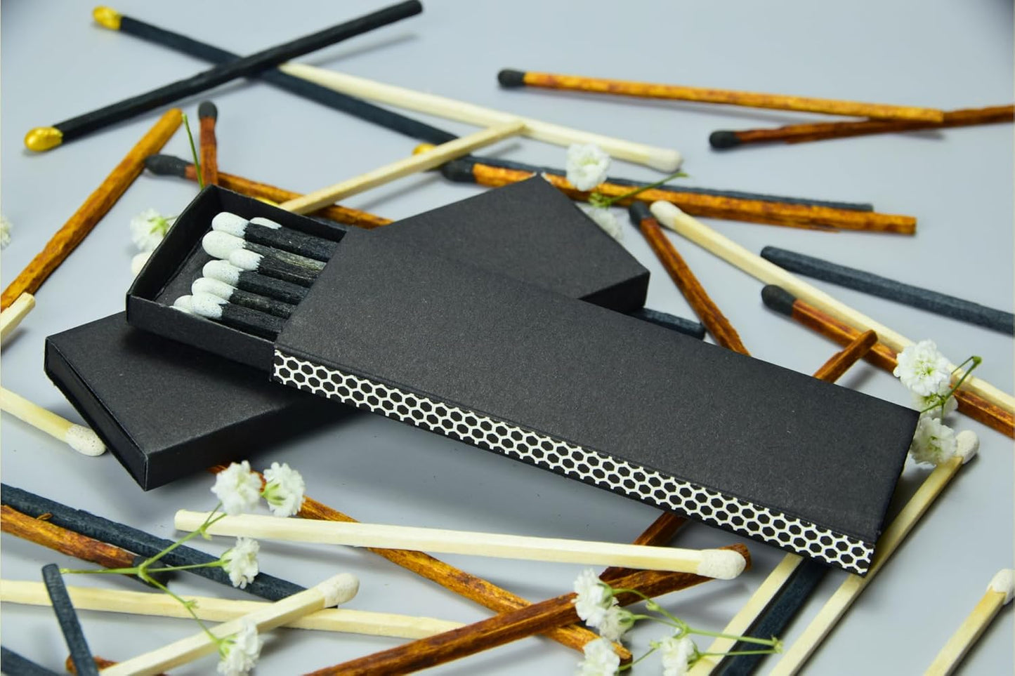 Chandler Studio 10 Boxes - Wooden Matchsticks in a Blank Matchbox with White/Black Matchboxes Colorful Tips (4" Matchboxes, 10 Boxes)