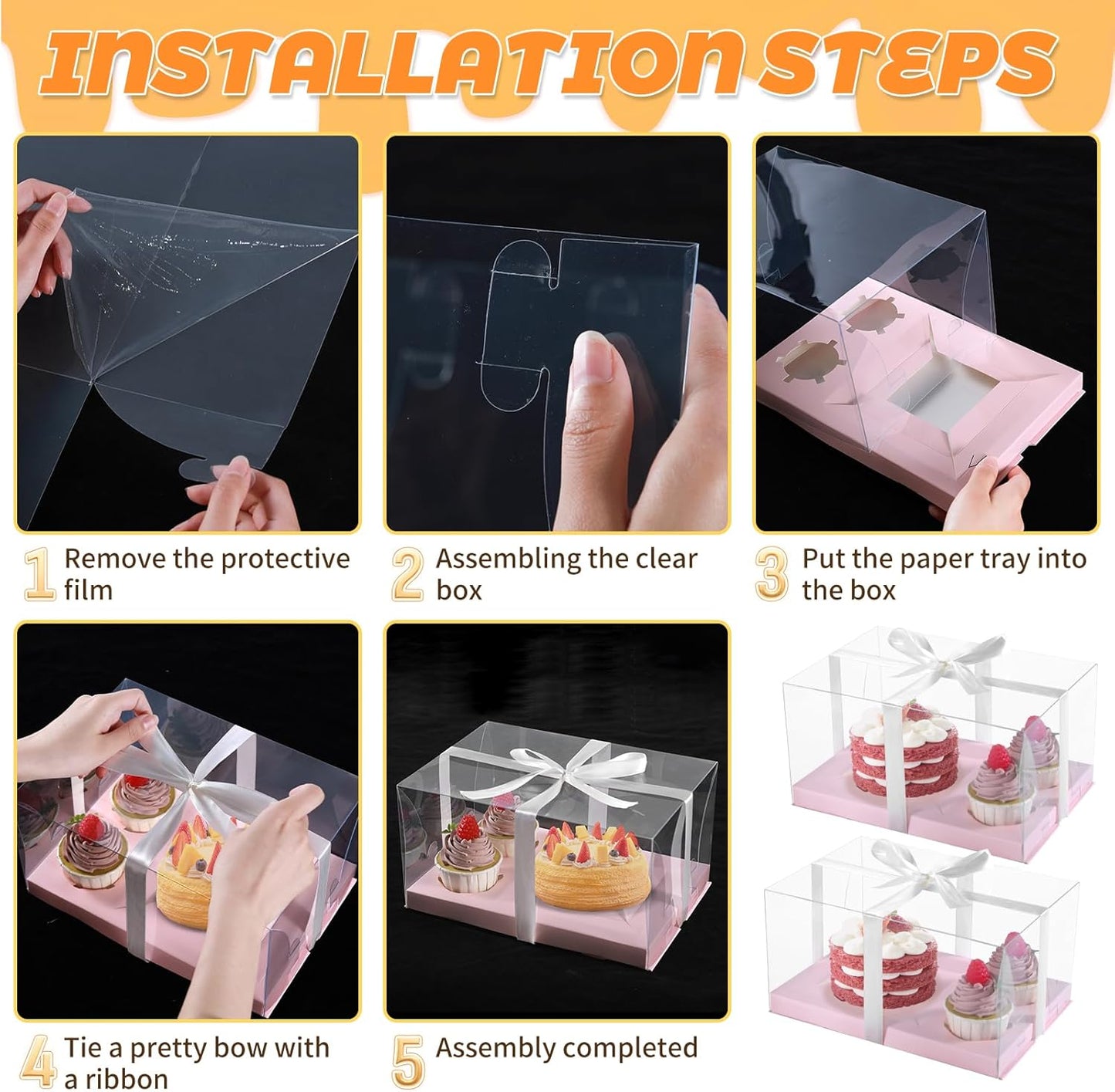 3Pcs Pink Bento Cake Cupcake Combo Boxes Valentine's Day 1+2 Bento Box with Clear Lid 2 Holes Pastry Sweets Cake Cupcake Combo Box Baking Supplies for Valentine Wedding Birthday Party(Pink 1+2/3Pcs)