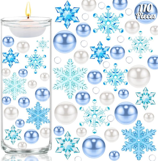 110 Pcs Vase Filler Christmas Decorations and Floating Beads, Snowflake Vases Fillers