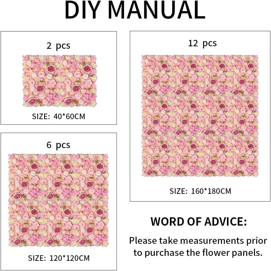 Artificial 3D Flower Wall Panel for Backdrop 12 Pcs 24x16 inches Pink Faux Roses Artificial Flower Backdrop for Wedding Party Bridal Baby Shower Decor