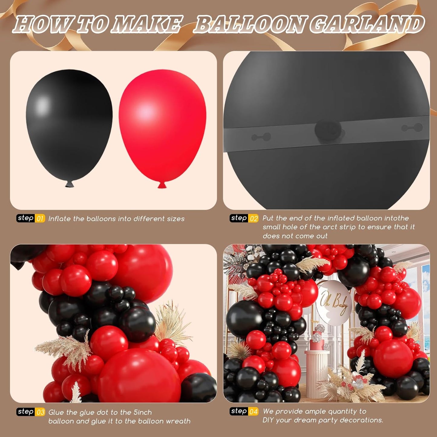 412Pcs Red Black Balloons Garland Arch Kit,18 12 10 5 Inch Different Size Black and Red Balloon Garland fo for Wedding Birthday Graduation BBQ Casino Party Prom Party Arch Decoration