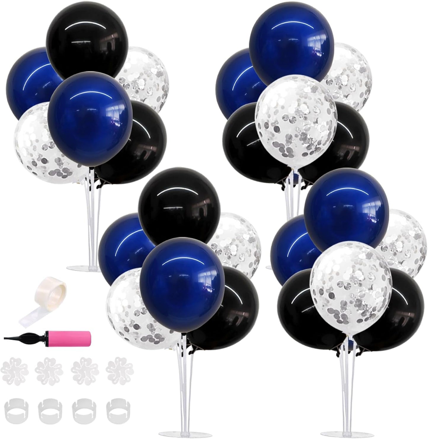 TONIFUL 4 Set Black Blue Silver Confetti Balloon Centerpieces for Table,Balloon Stand Kit for Graduation Decorations 2025 Blue Party Decorations,Retirement,Anniversary,Birthday Decoration for men