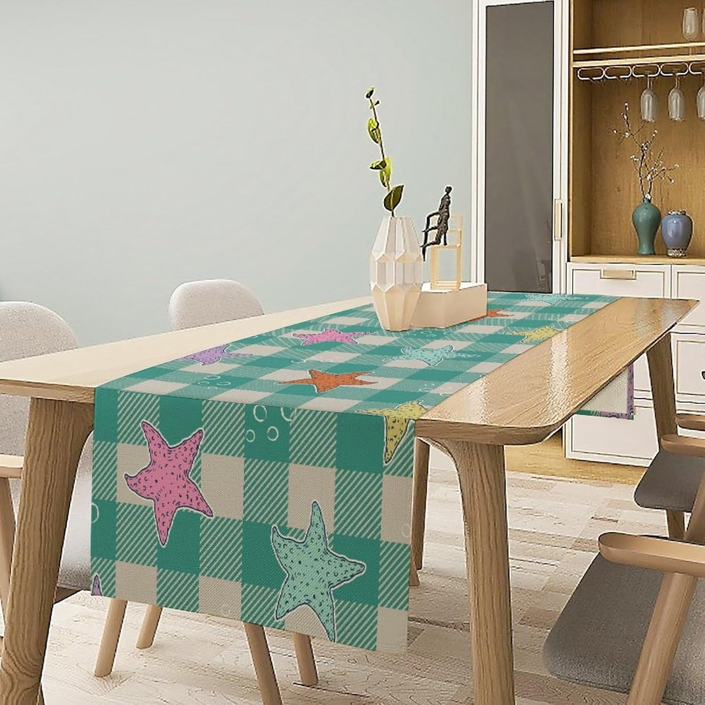 Starfish Plaid Table Flag Green Plaid and Marine Life Starfish Kitchen Table Flag Suitable for Birthday Party Restaurant Decoration Outdoor Picnic 13 * 60 Inch