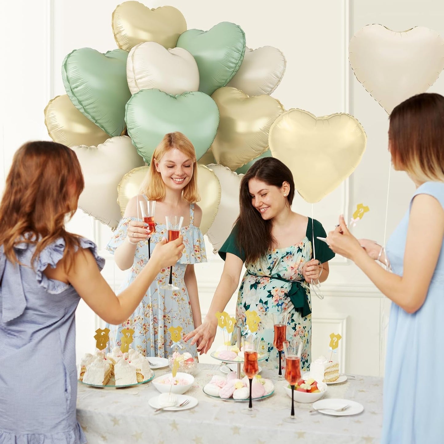 Sage Green Gold Heart Balloons,12Pcs Light Gold Heart Shaped Foil Balloons,18Inch Cream White Helium Polyester Film Balloon for Baby Shower Birthday Anniversary Wedding Party Decorations