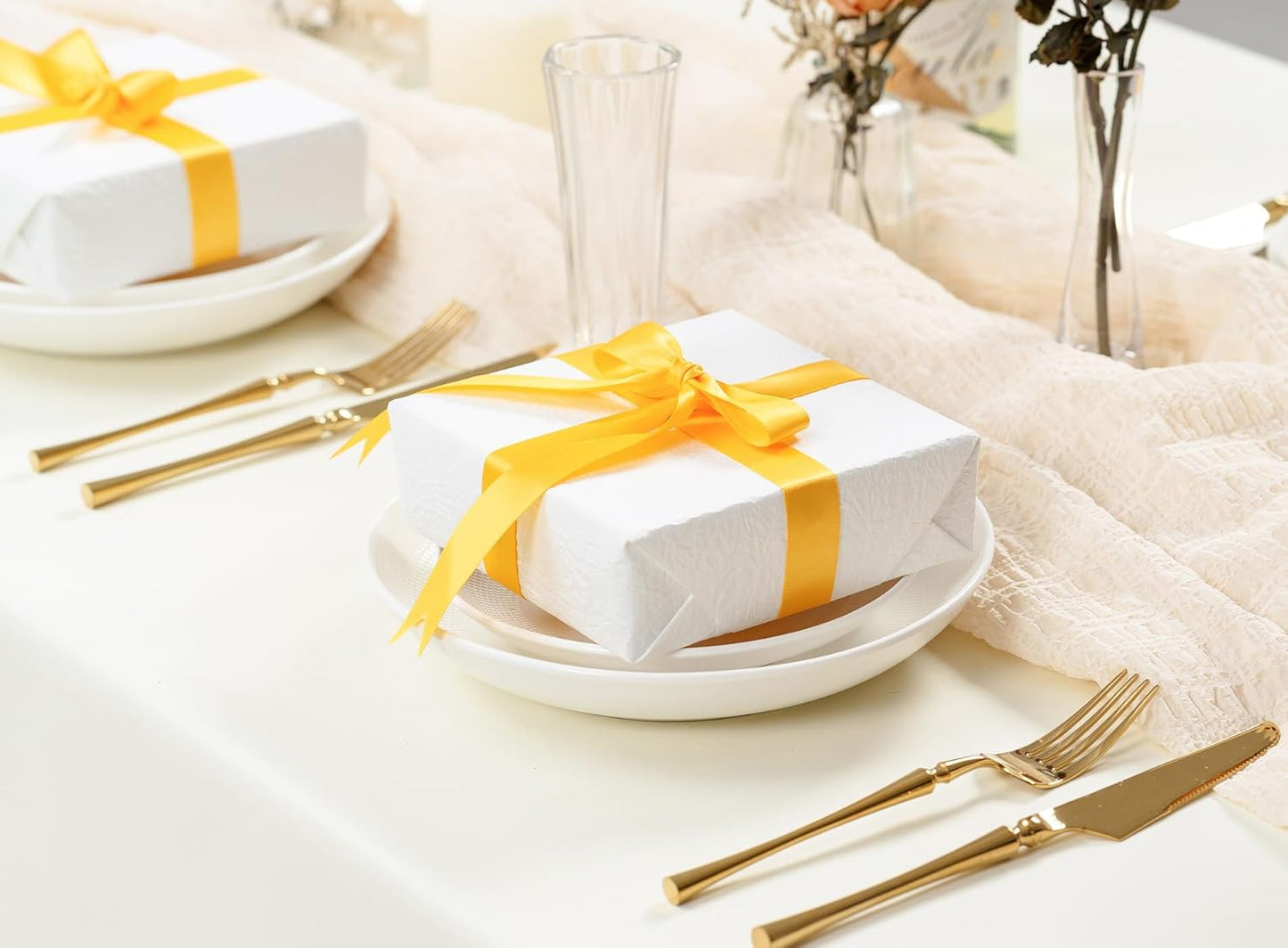 Yellow Ribbon 7/8 Inch x 50 Yards Double-Faced Satin Ribbons for Crafts Gift Wrapping Flower Bouquet Wedding Paper Holiday Decorating