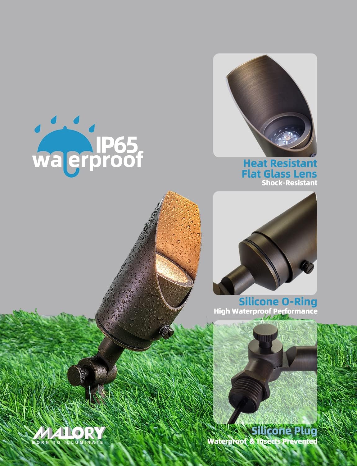 MALORY Brass Landscape Spotlight 4-Pack with MR16 Bulb Kit(S04), Low Voltage 12V AC/DC Shroud Adjustable Outside Yard Lights,PVC Ground Stake and Wire Connector Included, 5W 2700K Warm White