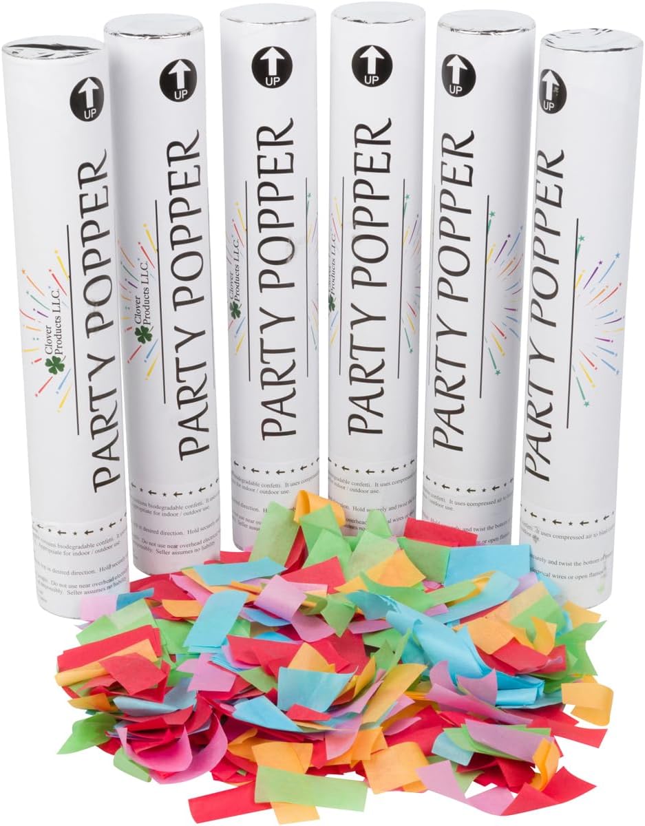 Clover Products 12" Biodegradable Confetti Cannons | 6 Pack Confetti Poppers for Weddings, Birthdays & Parties | Air-Powered Party Poppers Shoot 25 Feet | Safe for Indoor & Outdoor Use