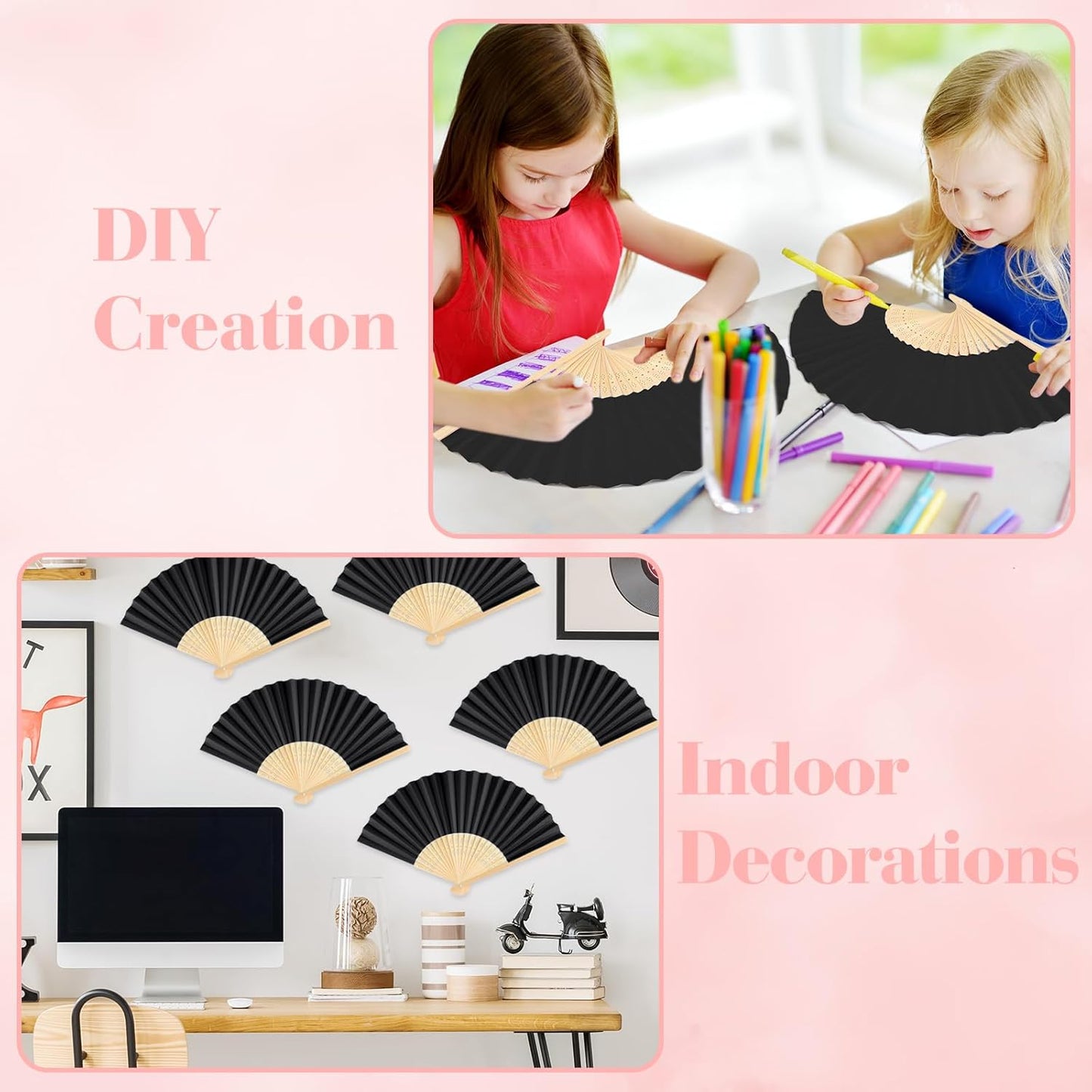 6 Pieces Black Hand Held Bamboo Folding Fans Foldable Paper Fans Handheld for Women Girls Wedding DIY Decoration Church Home Party Favors Summer