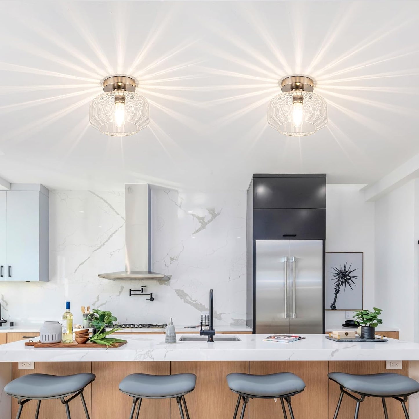 Brushed Nickel Semi Flush Mount Ceiling Light Fixture with Textured Glass & Included 1200 Lumens LED Bulbs, Modern Hallway & Bathroom Light for Entryway, Kitchen, Laundry Room