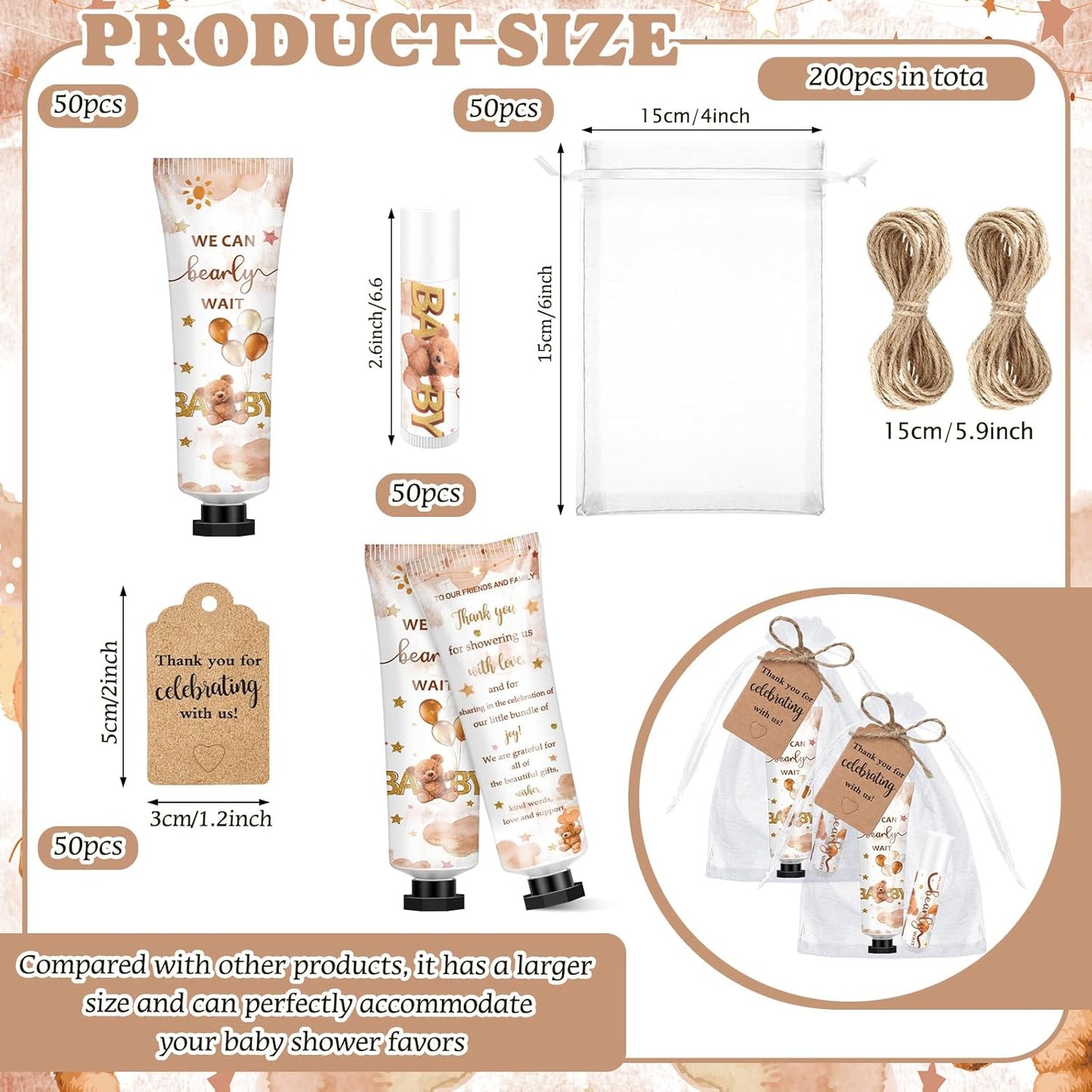 50 Sets 200 Pcs Baby Shower Hand Lotion and Lip Balm Gift Theme Baby Shower Party Favors Travel Size Hand Lotion and Lip Balm Bulk with Organza Bags Tags(Bear)