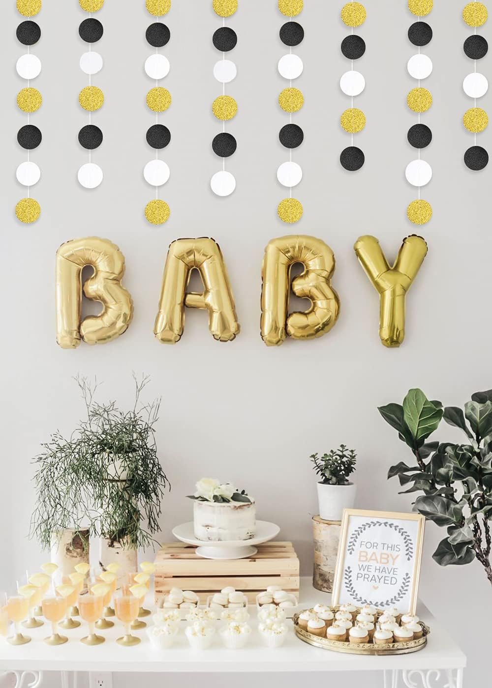 MerryNine Paper Garland 5 Pack, 65 Ft Glitter Paper Garland Circle Dots Hanging Decor, Banner for Baby Shower, Birthday, Nursery Party Decor (Black White Gold)